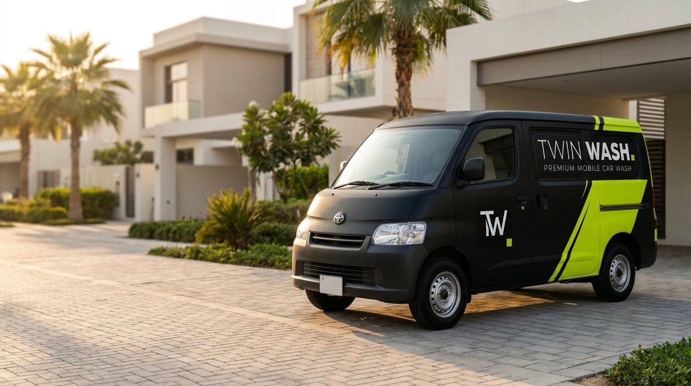 The Twin Wash van — a black and acid-lime wrapped mobile car wash van parked at a villa in Arabian Ranches 3, Dubai